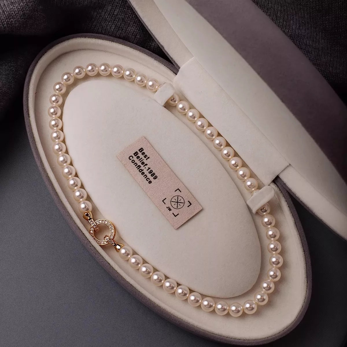 Elisa Pearl Necklace detail view styled for Avrienne