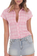 Cropped Plaid Polo Neck Button Blouse image 1