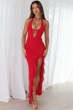 Sexy Ruffle Deep V Lace Up Backless Maxi Dress image 5