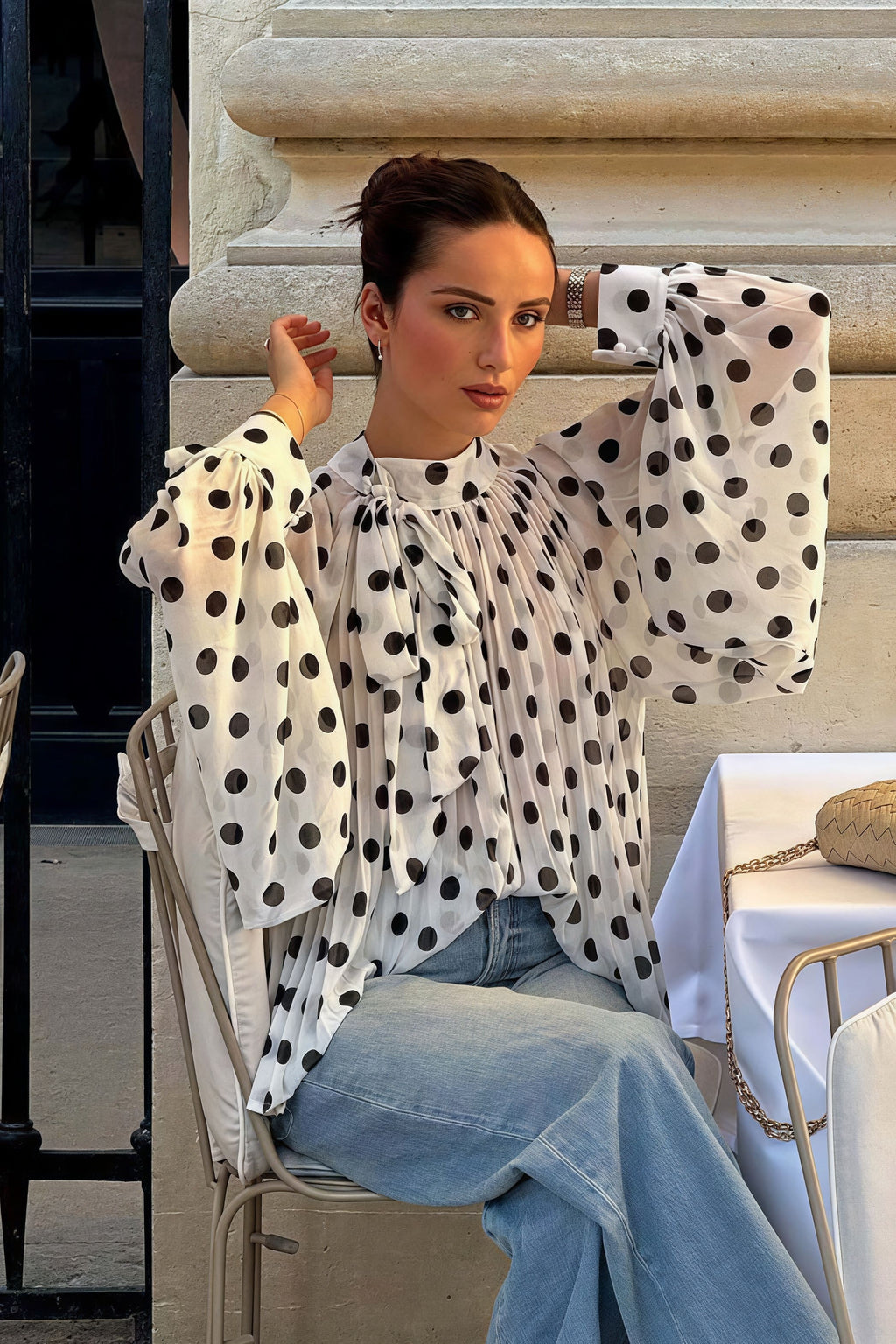 Polka Dot Tie Sheer Lantern Sleeve Blouse image 1