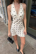 Polka Dot Halter V Neck Cutout Back Mini Dress image 1