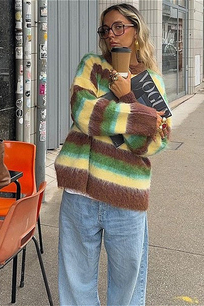 Slouchy Colorful Striped Crewneck Loose Knit Sweater image 1