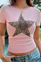Y2K Leopard Star Printed Slim T-shirt image 1