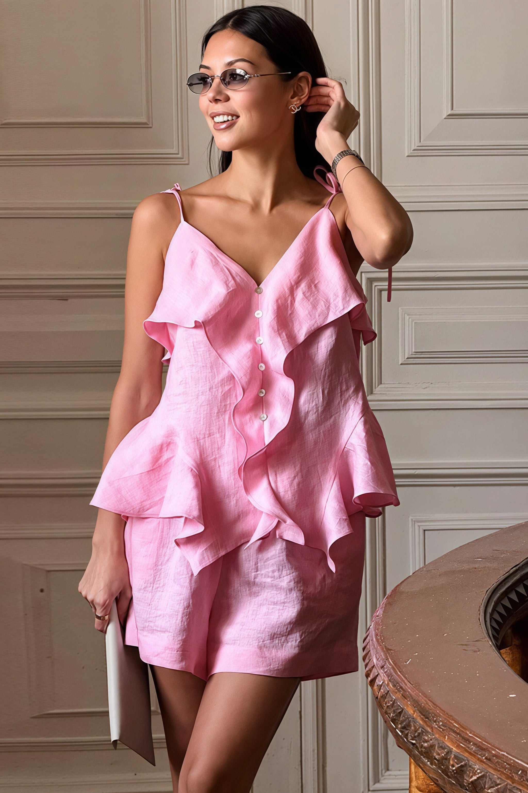 Chic Lace Trim Cami Top With Micro Shorts Two Piece Set image 1