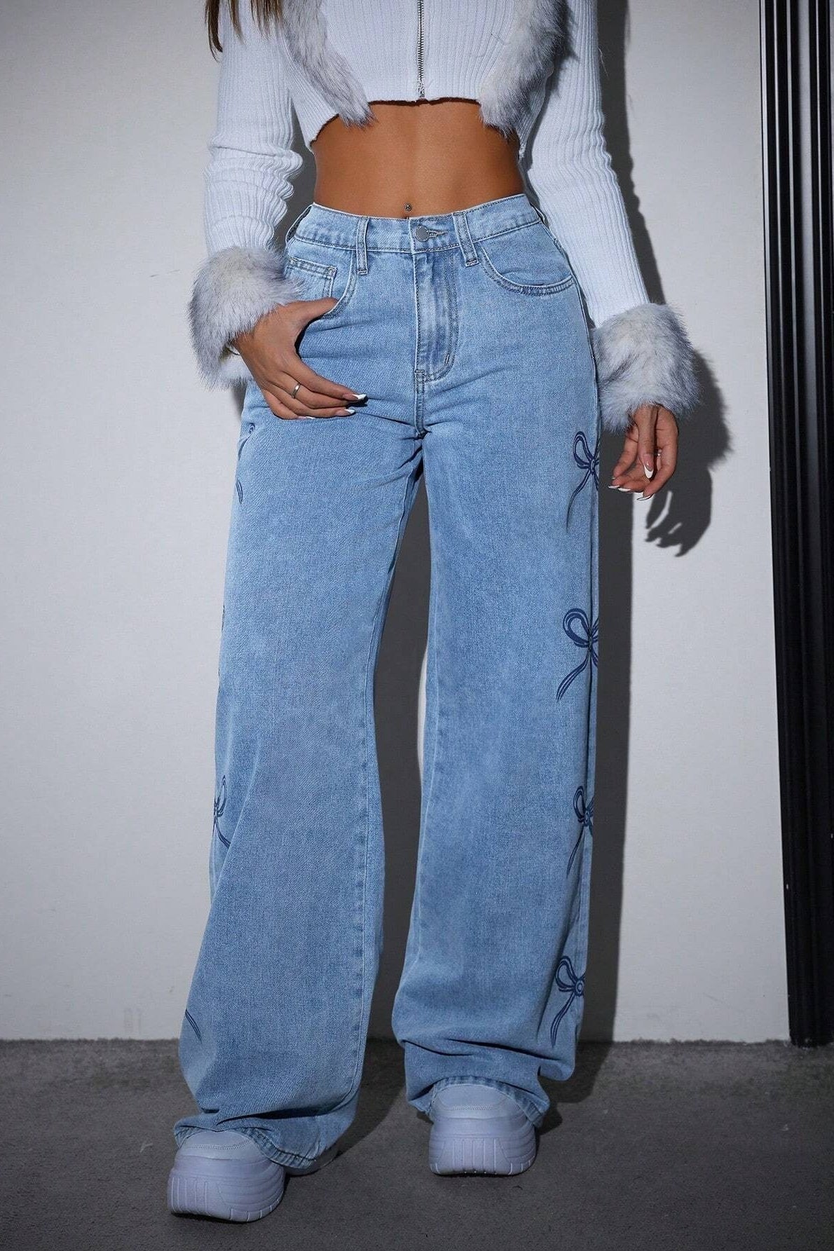 High Waist Washed Bow Tie Jeans image 1