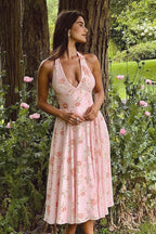 Holiday Pink Flower Print Halter Floral Dress image 1