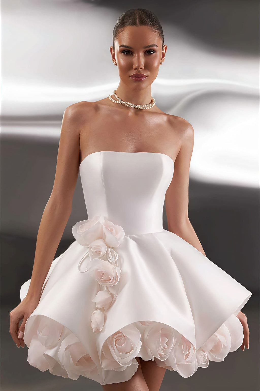 Elegant Satin Bandeau Flower Ball Gown Reception Dress image 3
