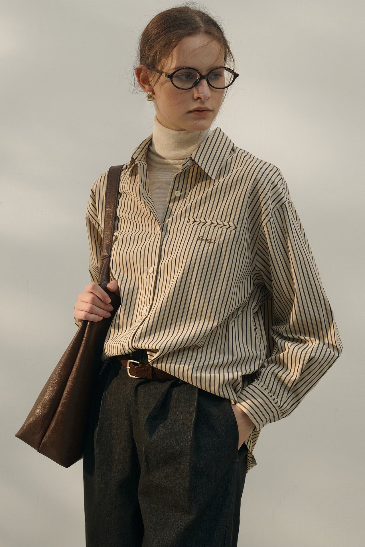 Vintage Color Block Stripe Collar Cotton Blouse image 2