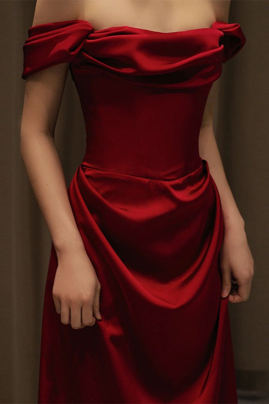 Off Shoulder Wine Red Satin Formal Dress image 3