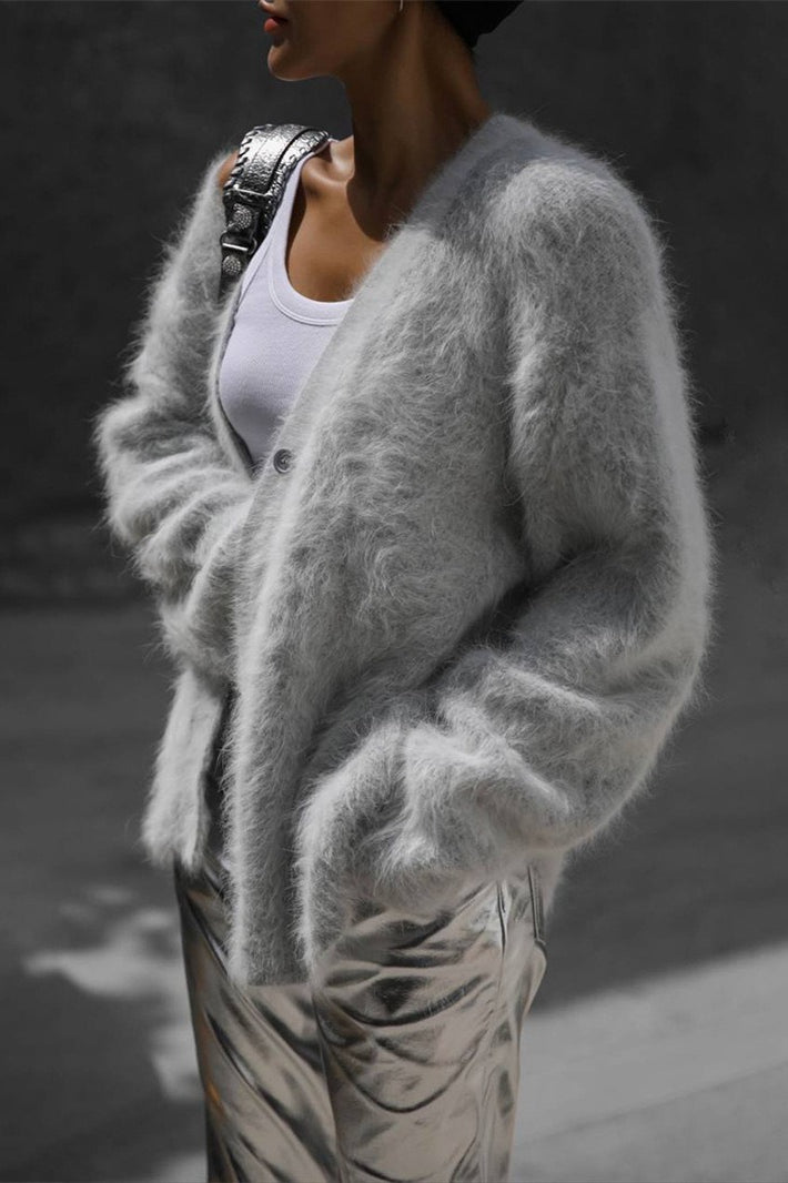 V-Neck Fluffy Knit Cardigan Sweater image 14