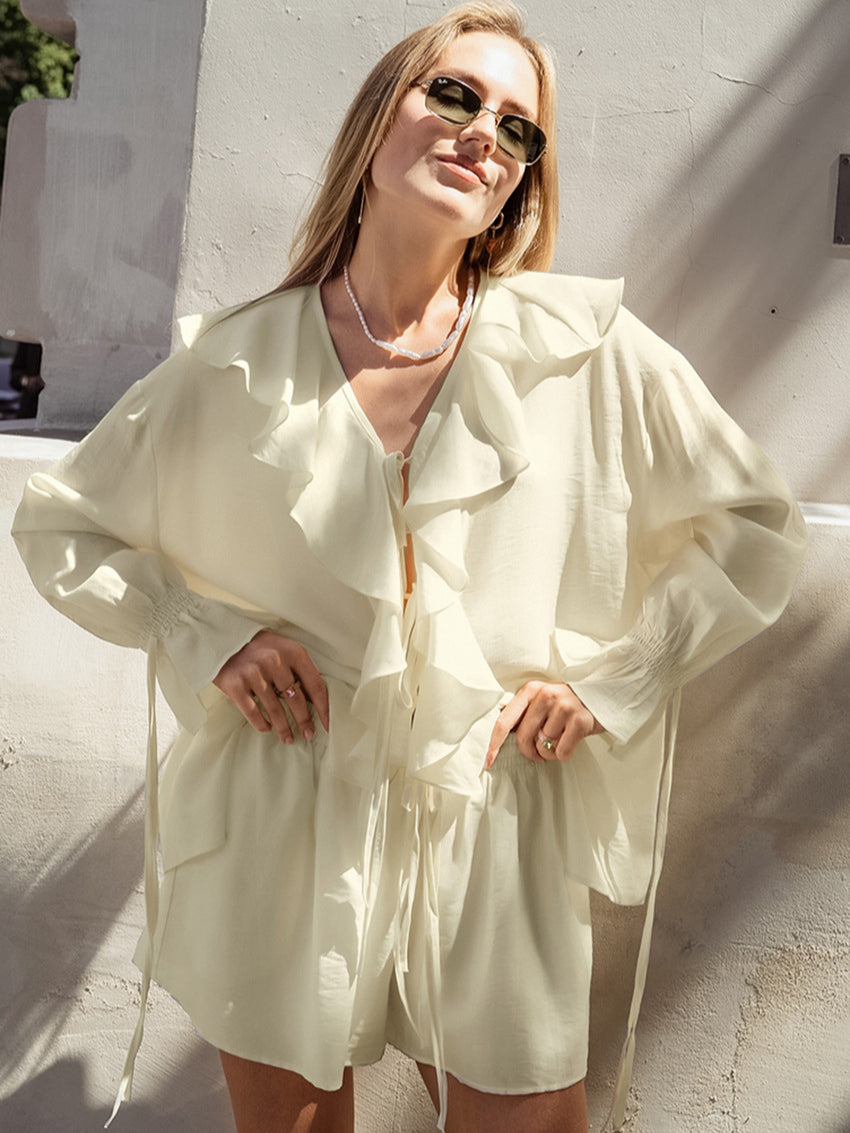 Ruffled Hem Tie Front Cardigan & Shorts Set Blouse image 1