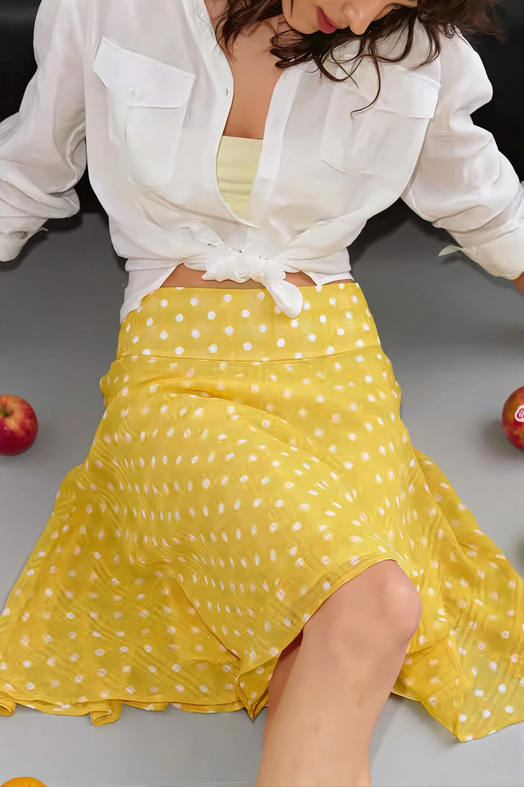 Sweet Yellow Polka Dot Draped Midi Skirt image 5
