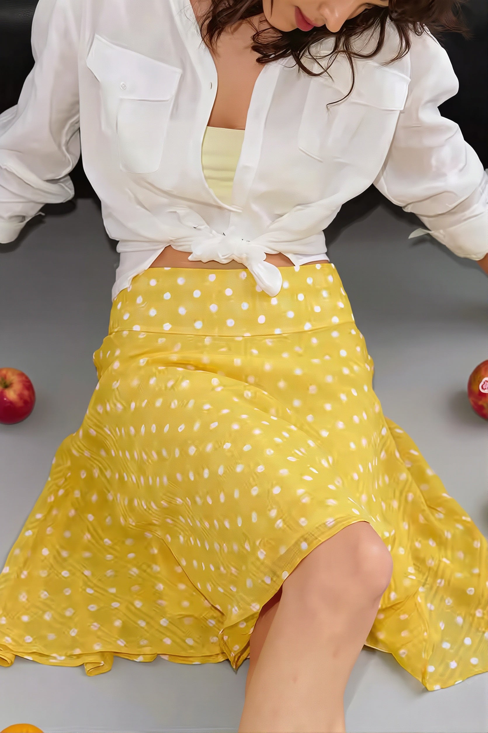 Sweet Yellow Polka Dot Draped Midi Skirt image 5