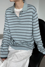 Soft Wool Striped Polo Collar Long Sleeve Long Sleeve Tee image 8