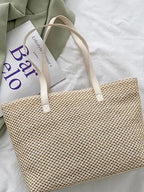 Yara Woven Tote detail view styled for Avrienne