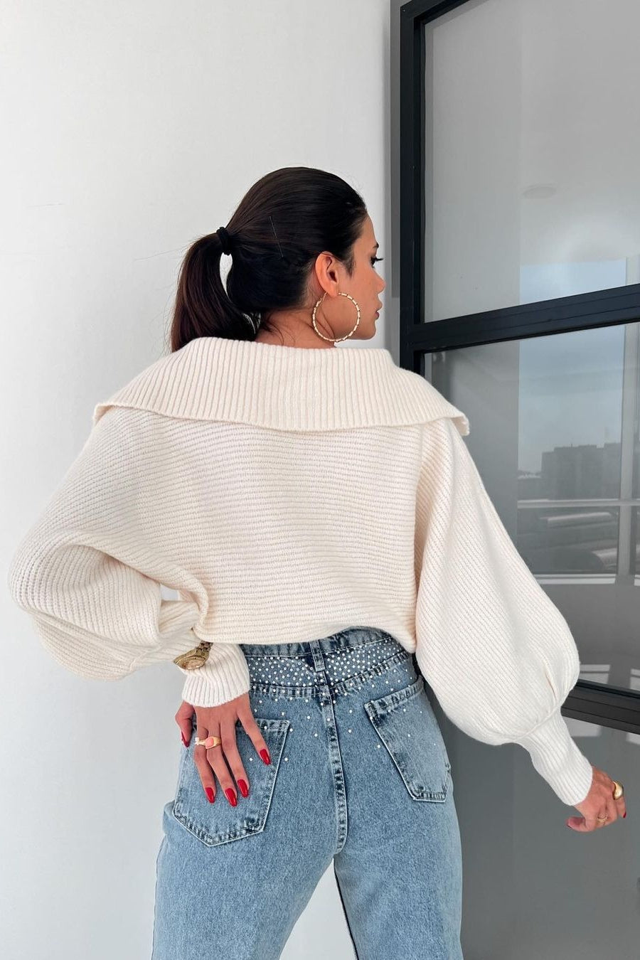 Lantern Sleeve Open Collar Knit Sweater image 18