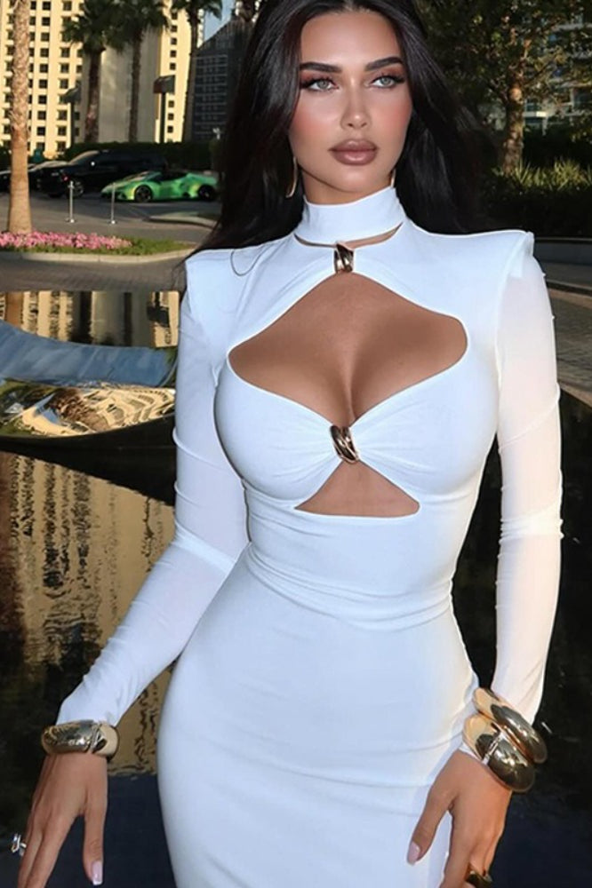 Solid Elegant Minimalist Cutout Metal Embellished Fitted Maxi Dress image 3