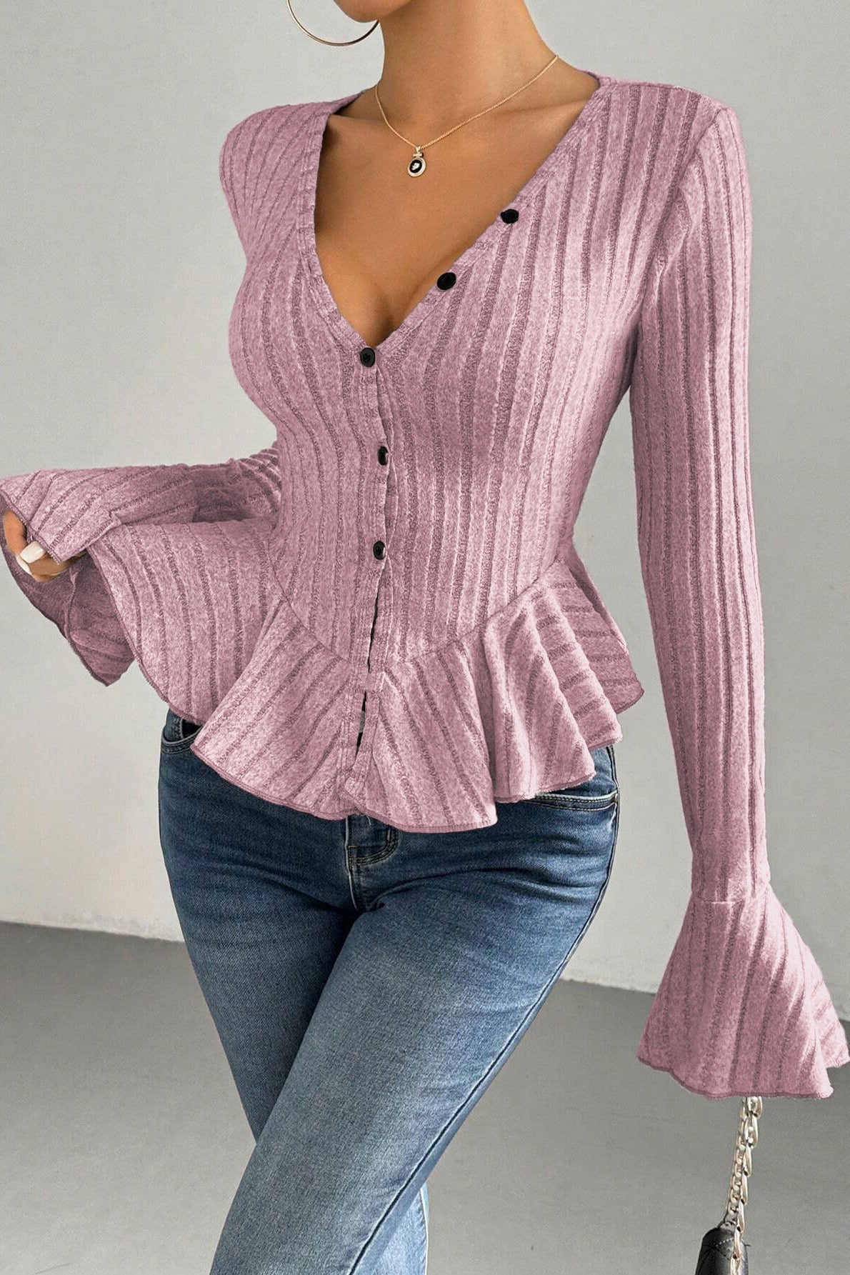 Flounced V-Neck Bodycon Knit Top image 5