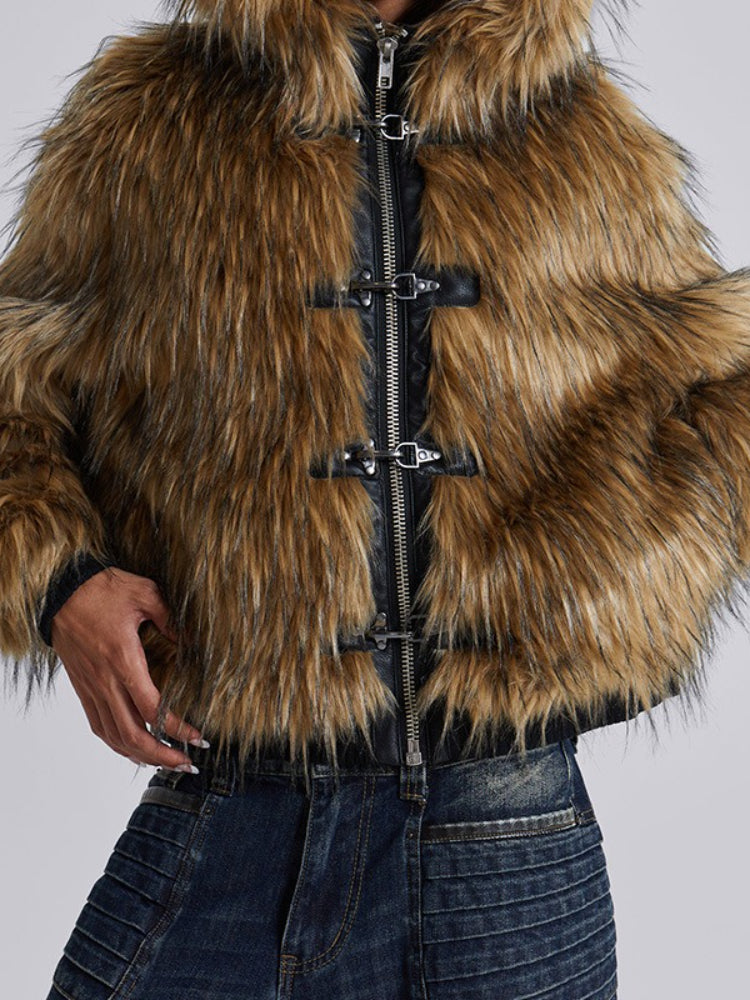 Metal Button Zipper Fur Leather Panel Loose Coat image 2
