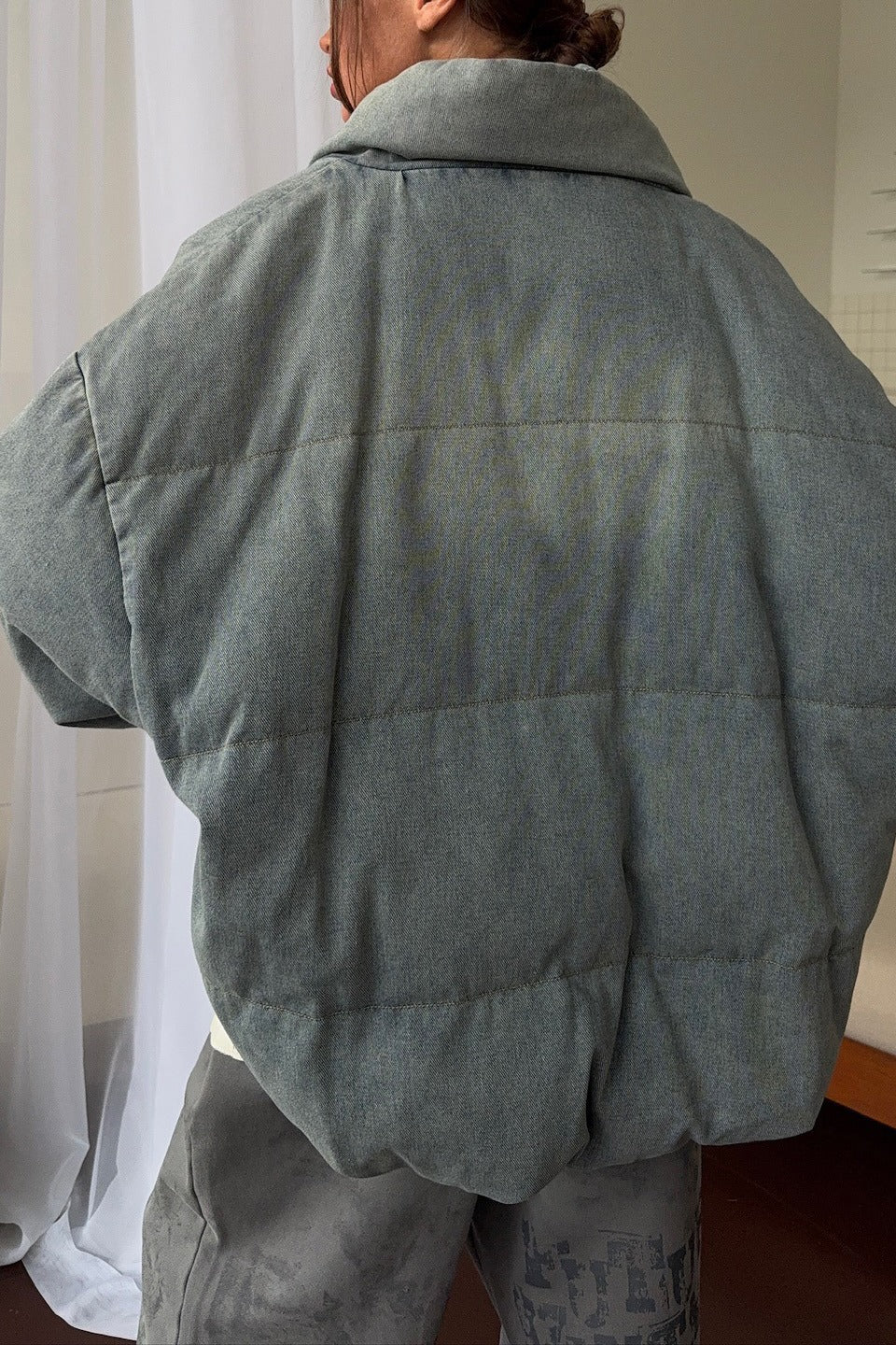 Washed Denim Stand Collar Puffer Jacket image 5