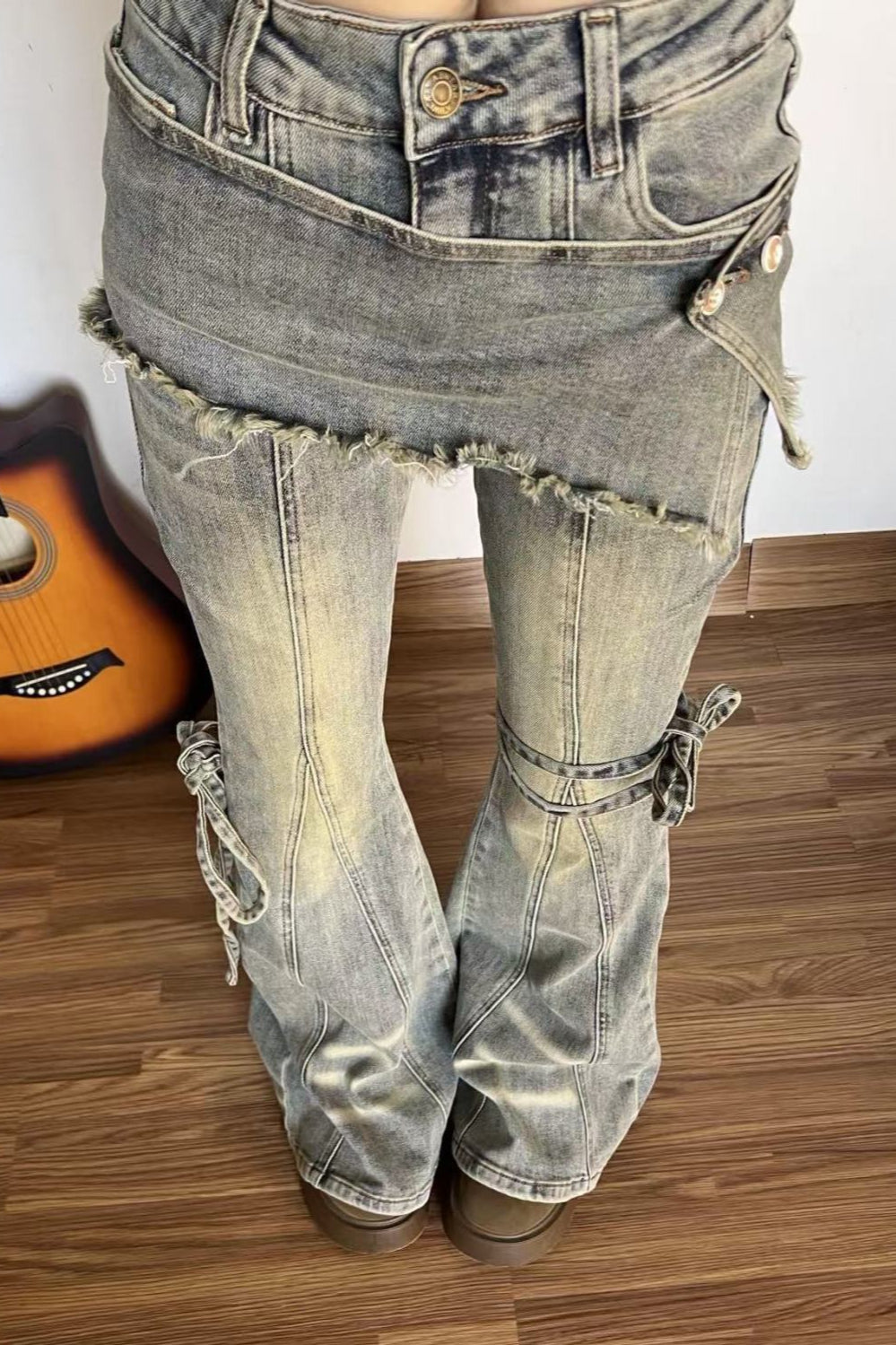 Vintage Fake Two Piece Bootcut Tie Waist Jeans image 3