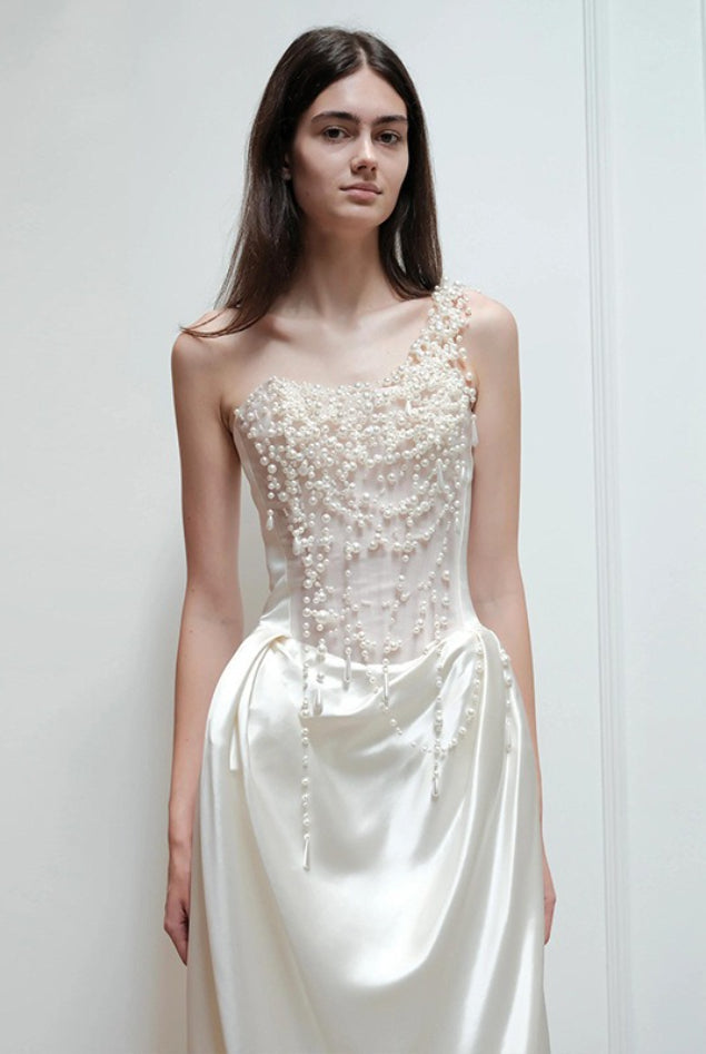 Strapless Satin Heavy Pearl Prom Dress image 1