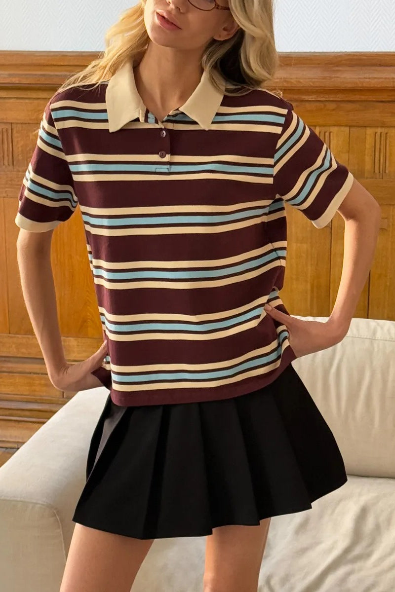 Vintage Color Block Stripe Polo Short Sleeve T-shirt image 2