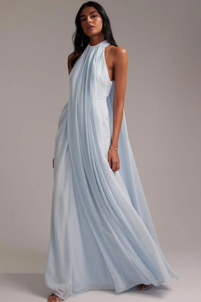 Elegant Halter Light Blue Maxi Party Dress image 1