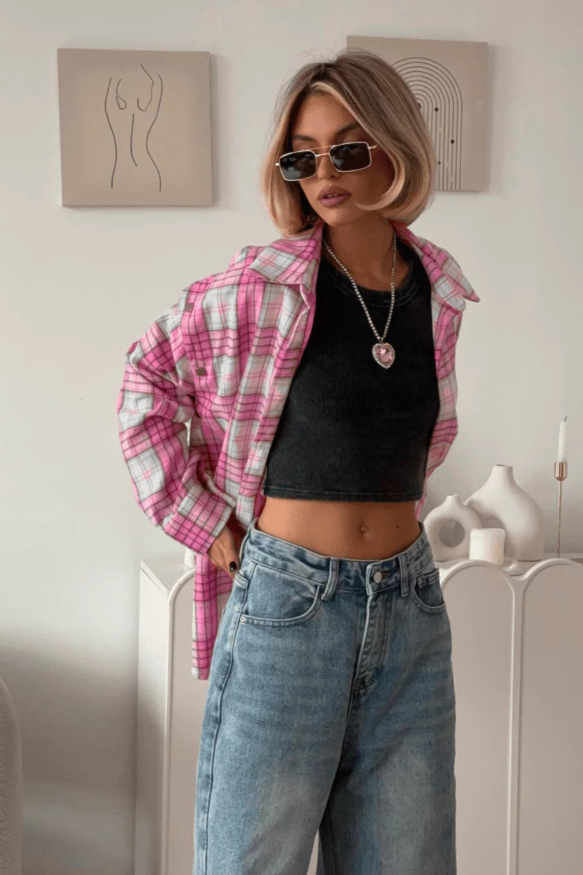 Pink Plaid Loose Fit Button-Up Blouse image 3