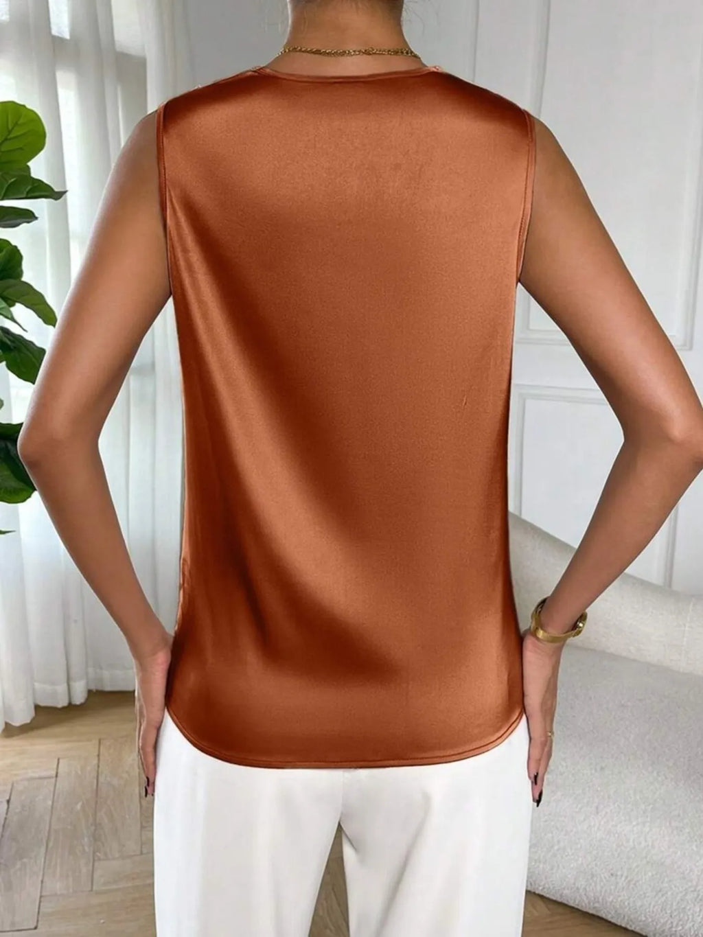 Marisol Satin Blouse detail view styled for Avrienne