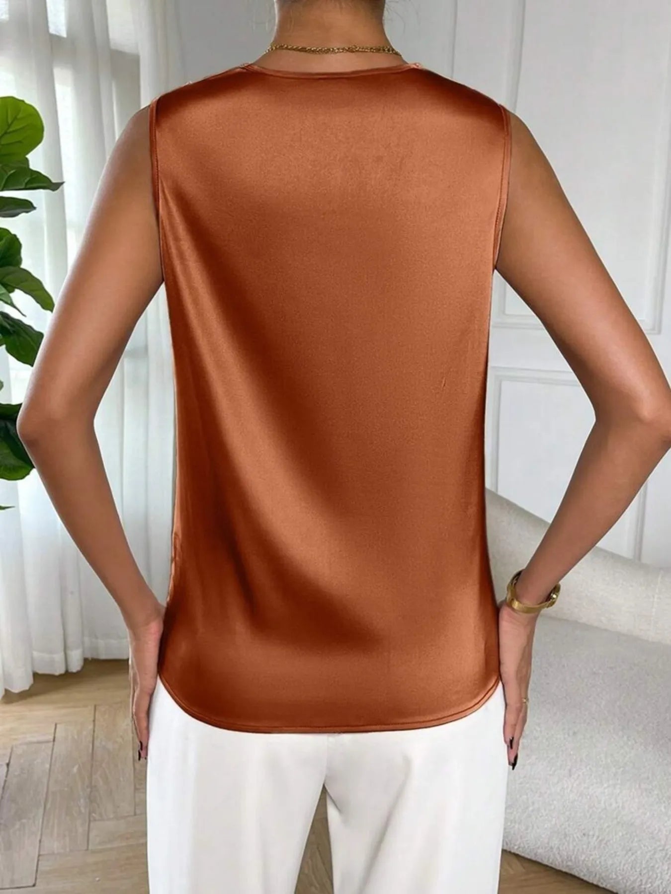 Marisol Satin Blouse detail view styled for Avrienne