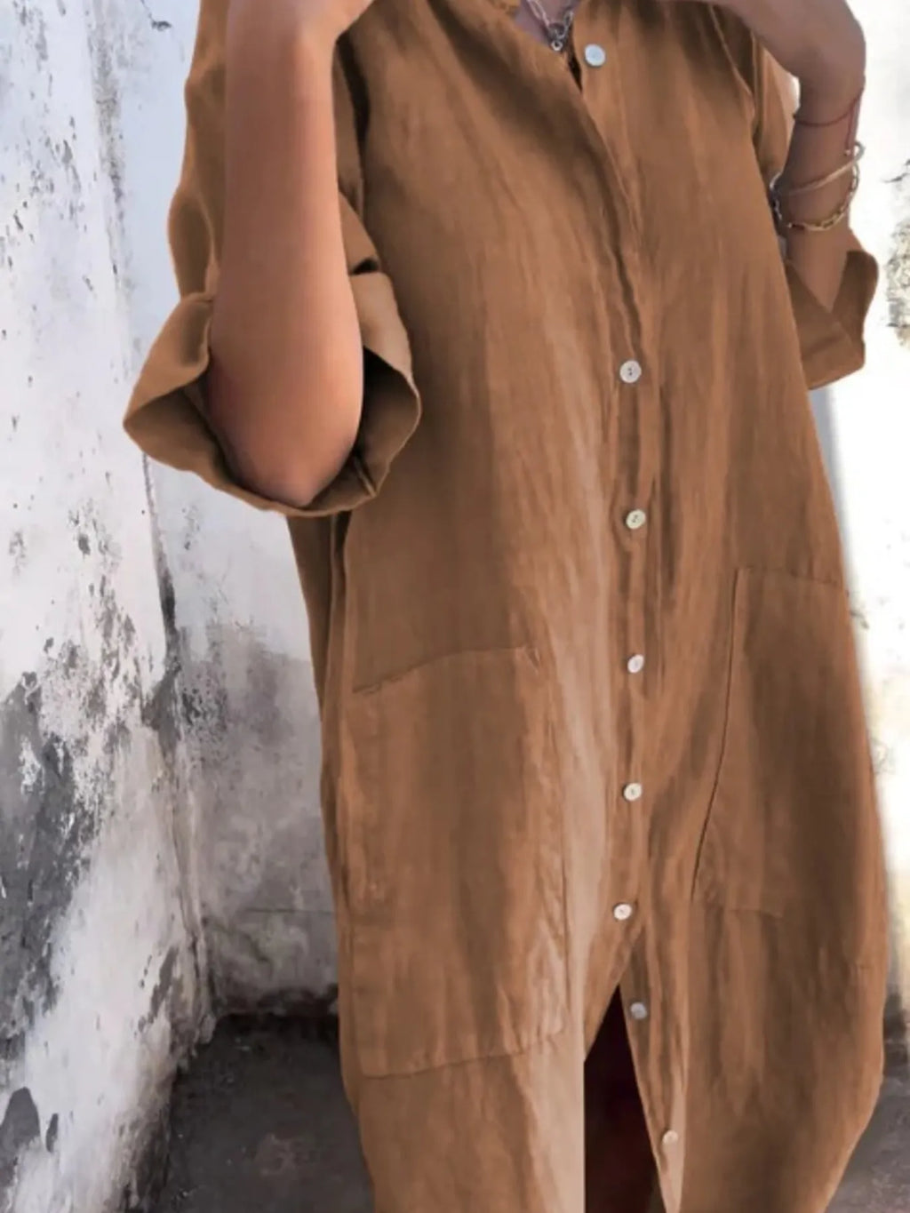 Marseille Linen Shirt Dress detail view styled for Avrienne