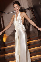 Elegant Draped Neck Backless Slit Long Prom Dress image 1