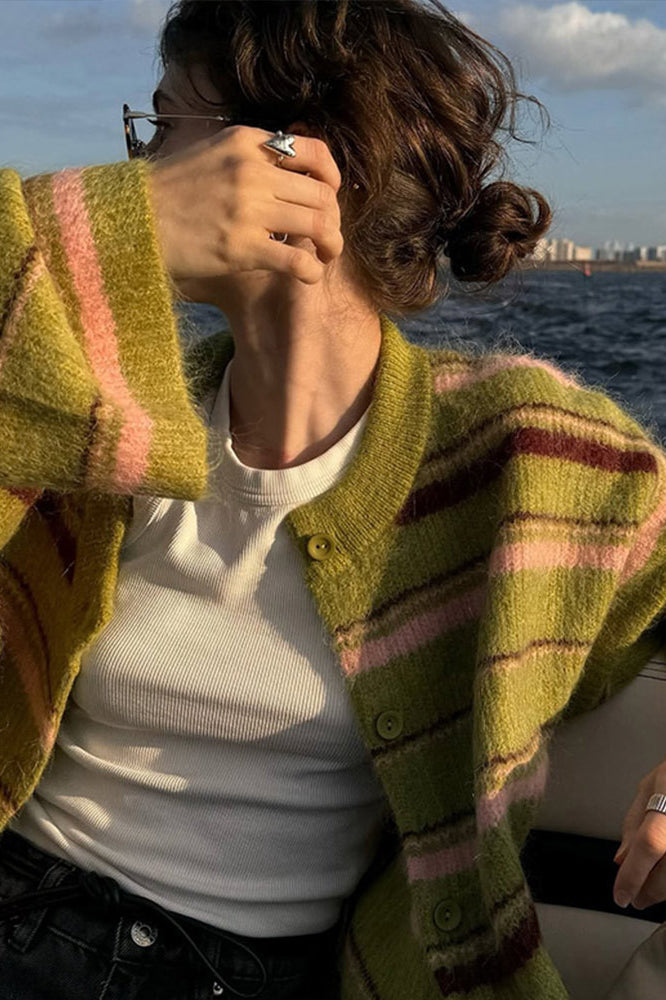 Striped Color Block Knit Loose Cardigan image 3