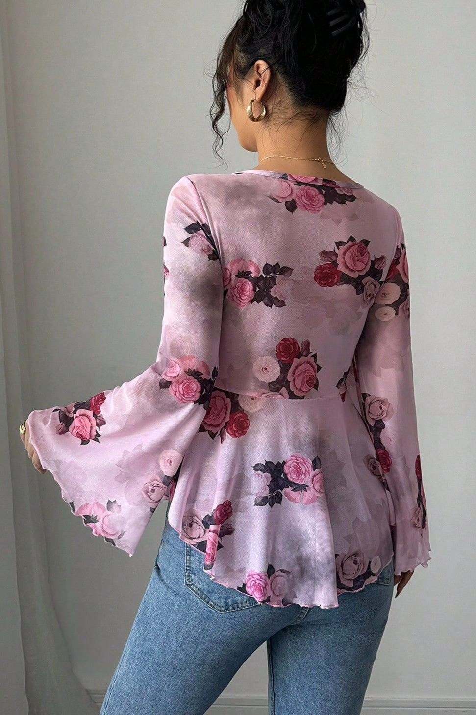Floral Tie Dye Square Neck Tie Long Sleeve Blouse image 5