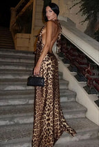 Halter Deep V Backless Leopard Print Tie Maxi Dress image 2