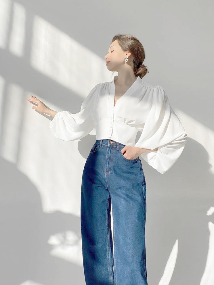 Vintage Lantern Sleeve V-Neck Slim Fit Blouse image 5
