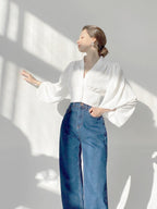Vintage Lantern Sleeve V-Neck Slim Fit Blouse image 5
