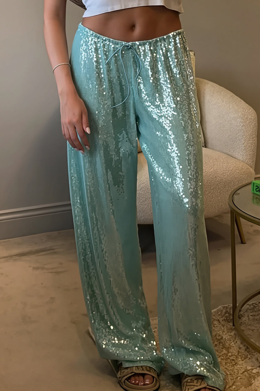 Sequined Wide Leg Casual Pants image 2