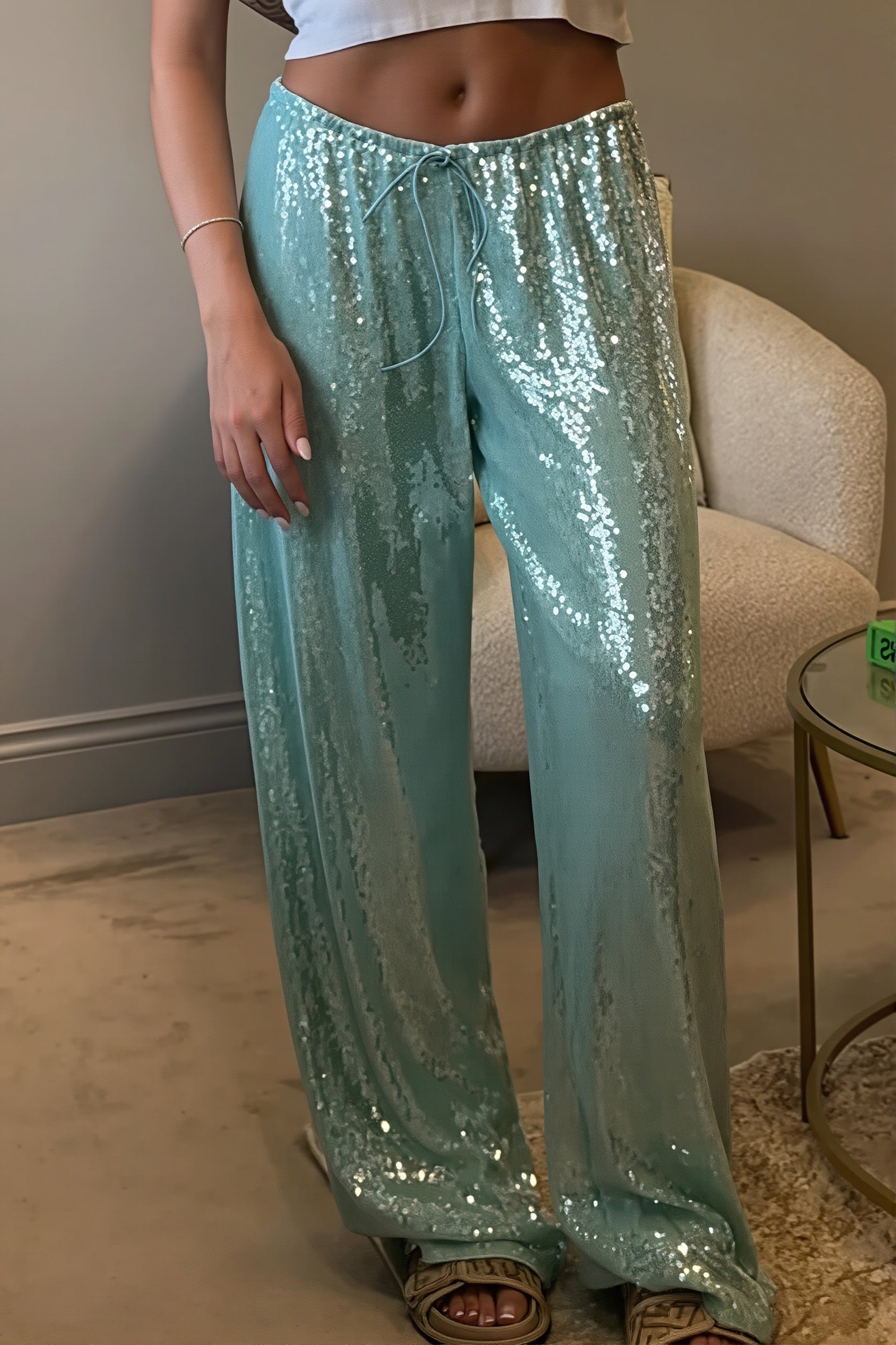 Sequined Wide Leg Casual Pants image 2