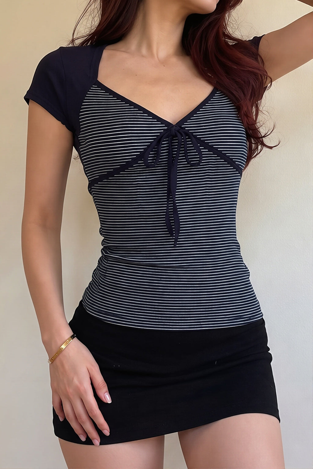 Striped Color Block Tie Fake Two Blouse image 4