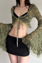 Sheer V Neck Lace Flare Sleeve Blouse image 2