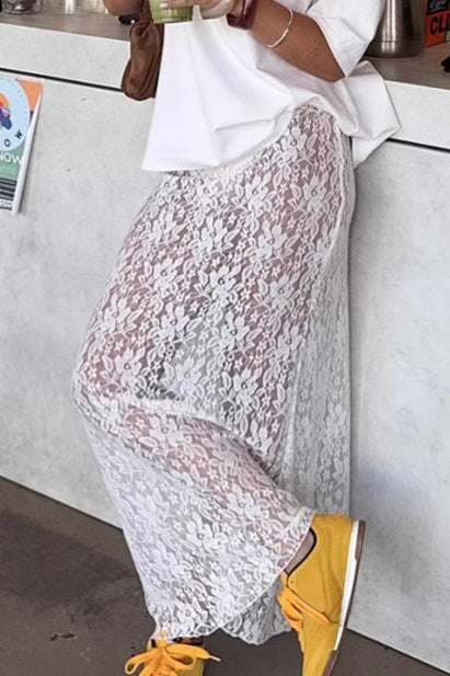 Elegant White Lace High Waist A-line Midi Skirt image 2