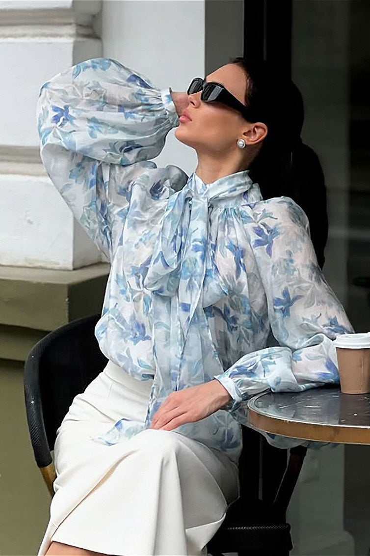 Elegant Tie Lantern Sleeve Floral Blouse image 2