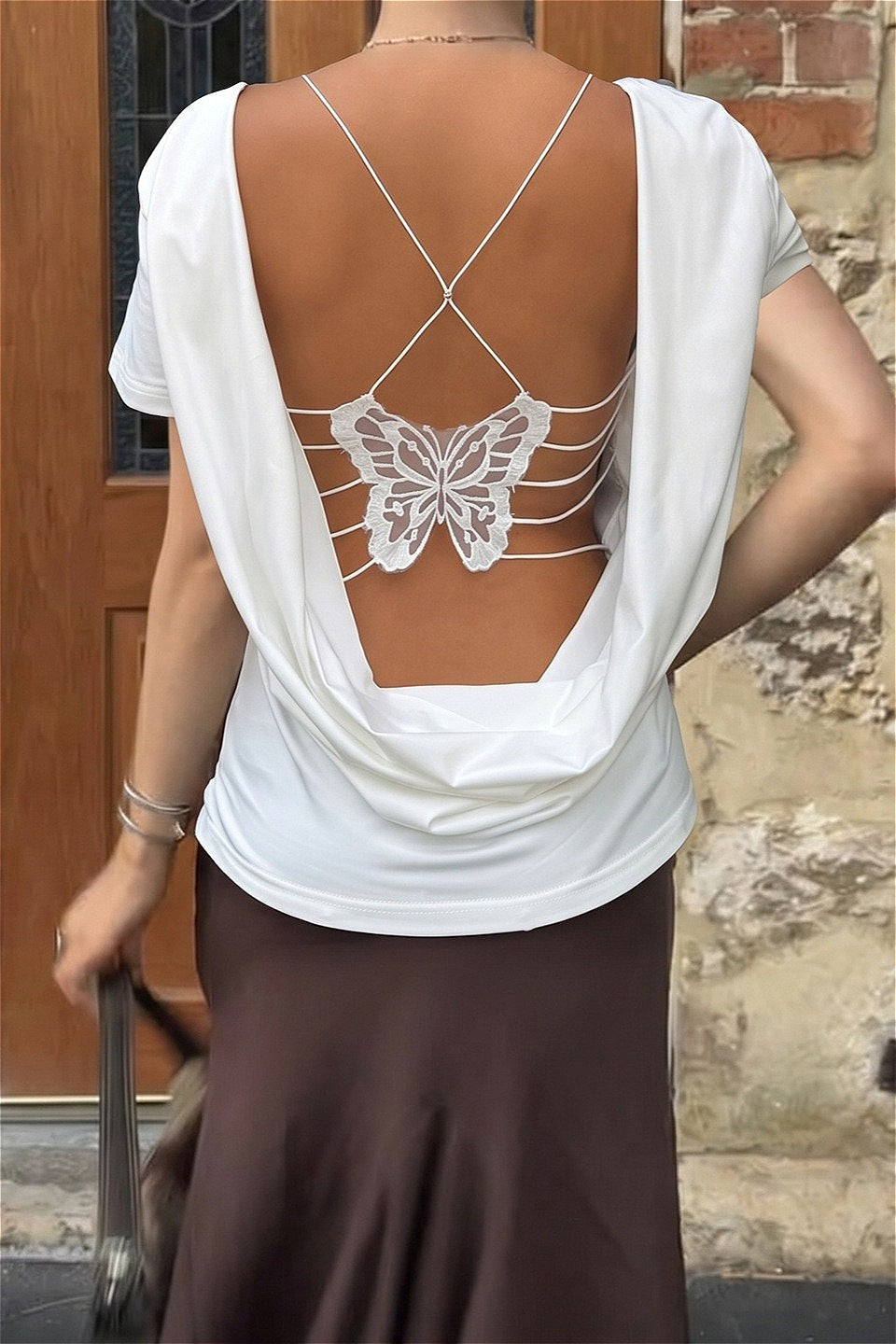 Solid Color Bow Tie Backless T‑shirt image 3