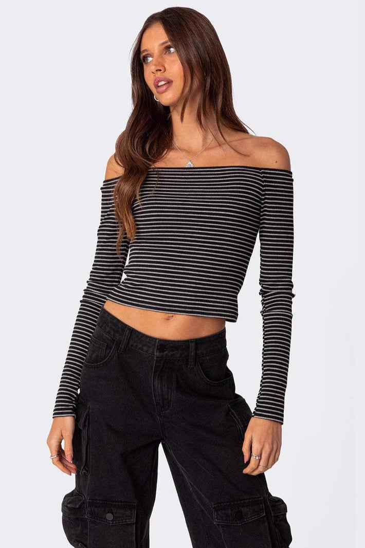 Slim Fit Striped Slit Neck Knit Top image 1