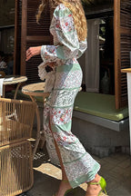 Printed Long Sleeve Crew Neck Cropped Top Split Bodycon Skirt Two Piece Set image 3