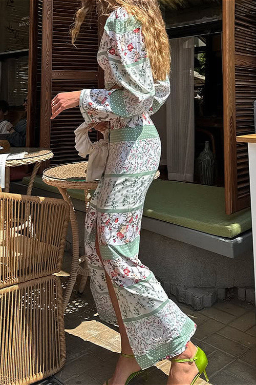 Printed Long Sleeve Crew Neck Cropped Top Split Bodycon Skirt Two Piece Set image 3