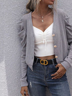 Clara Button Cardigan detail view styled for Avrienne