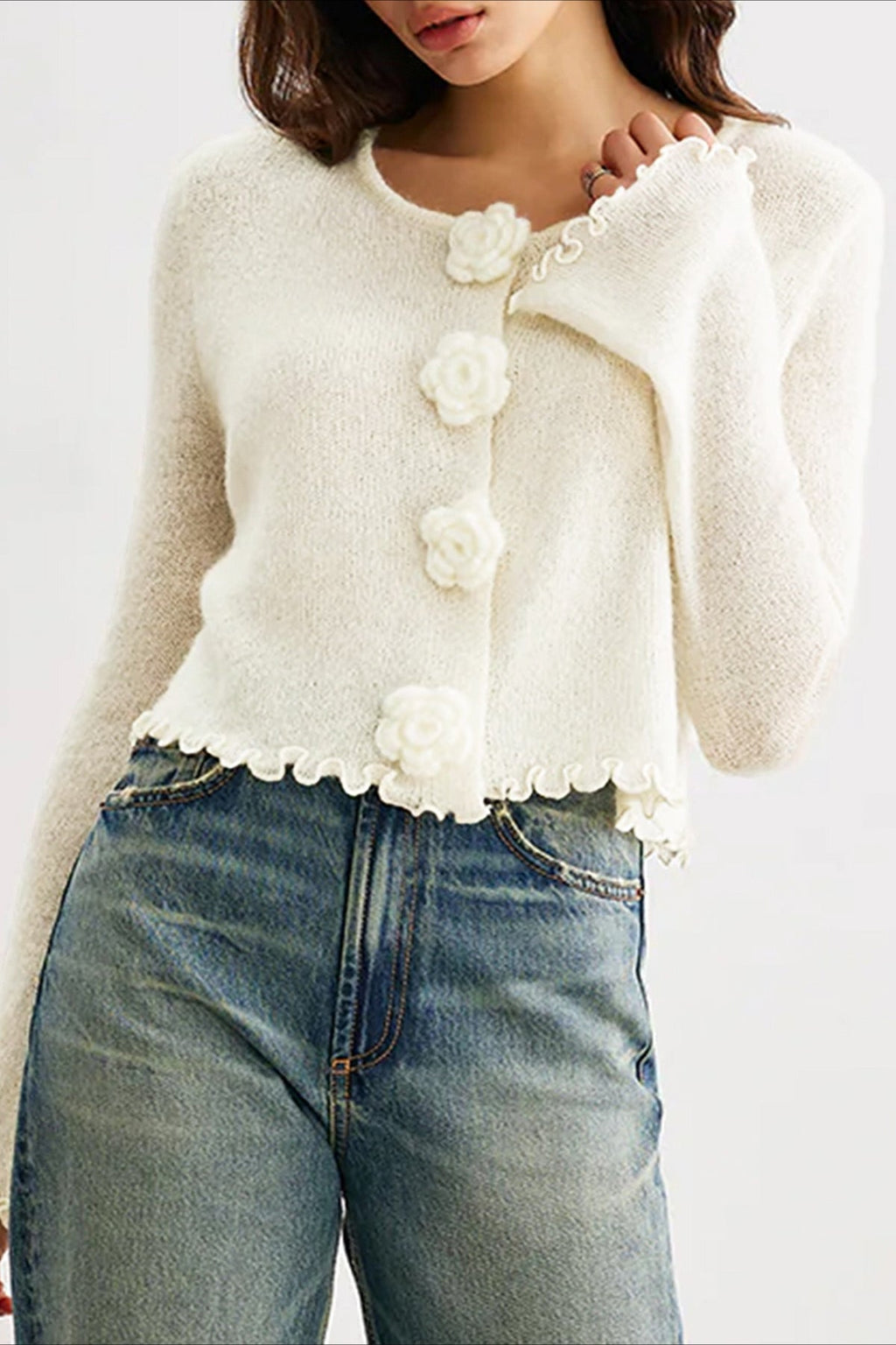 Slim-Fit 3D Floral Ruffled Pullover Knit Cardigan image 2